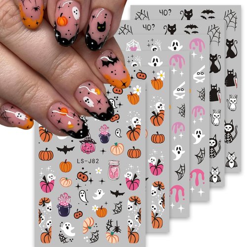 6 Sheets Pink Halloween Nail Art Stickers Decals, Cute Pumpkin Spider Ghost Nail Decals 3D Self-Adhesive Cat Spider Web Nail Supplies Nail Art Design Accessories for Women Kids DIY Nail Decorations