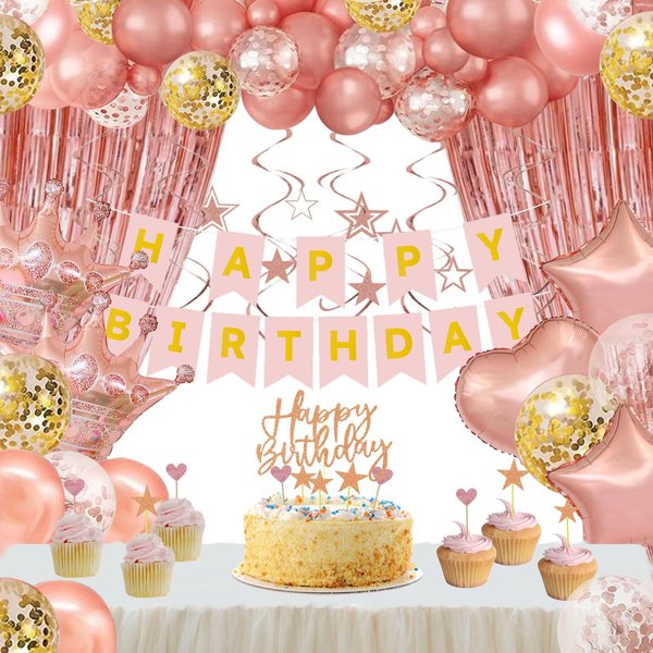 ZHENGYE 74 Pcs Rose Gold Birthday Party Decorations Set Happy Birthday Banner Star Heart Foil Confetti Rose Gold Balloons Fringe Curtain Hanging Swirls for Women Birthday Party Decoration Supplies