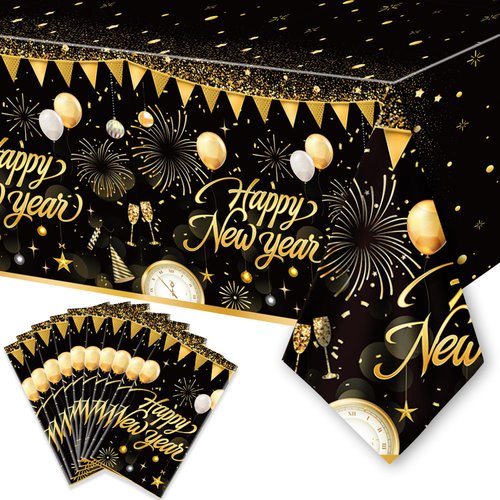 10PCS Happy New Year Tablecloth, Disposable Black Gold NYE Party Tablecloth Decorations, Rectangu...