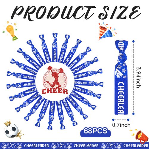 Taiyin 68 Pcs Cheer Hair Ties Bulk Cheer Bracelets Cheerleader Gifts Motivational Gifts Wristbands for Cheer Squad Party Favors, Pom Design(Blue)