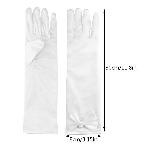 Yolyoo Girls Princess Gloves,Girl White Long Satin Princess Dress Up Diamonds Bows Gloves for Birthday,Wedding, Costume Party (White)