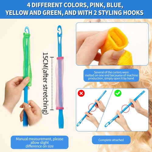28 Pieces Heatless Curlers No Heat Spiral Curls Hair Curlers Styling Kit with 2 Pieces Styling Hooks for Most Kinds of Hairstyles (Assorted Color, 15 cm)