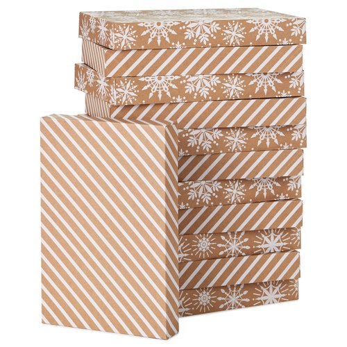 Hallmark Kraft Shirt Box Bundle (12 Boxes: White Snowflakes and Stripes on Kraft) for Birthdays, Winter Weddings, Bridal Showers