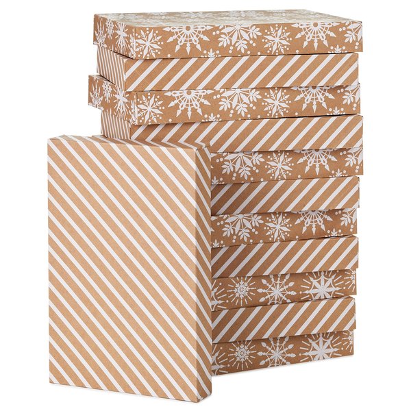 Hallmark Kraft Shirt Box Bundle (12 Boxes: White Snowflakes and Stripes on Kraft) for Birthdays, Winter Weddings, Bridal Showers