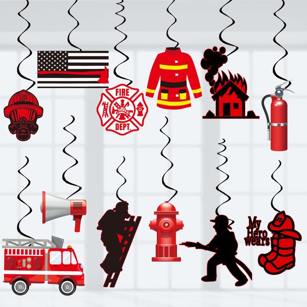 Firefighter Party Decorations Firetruck Party Decoration Fireman Party Decor Supplies Hanging Swirls Party Streamers 24pcs Kids Baby Shower Fire Truck Party Decor Banner, Assembled and Ready to Use