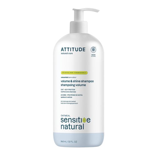ATTITUDE Hair Shampoo for Sensitive Dry Scalp, EWG Verified, Soothing Oat, For Thin Hair, Naturally Derived Ingredients, Vegan and Plant-Based, Volume and Shine, Unscented, 32 Fl Oz