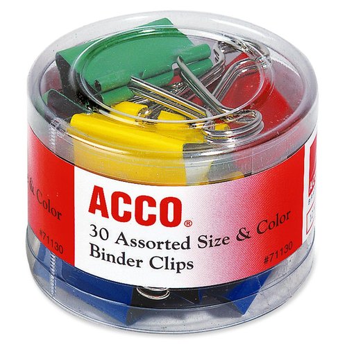 Binder Clip Assortment, 30 Pieces, 3 Sizes: 1/2", 3/4", 1-1/2", Asst. Colors ACC71130