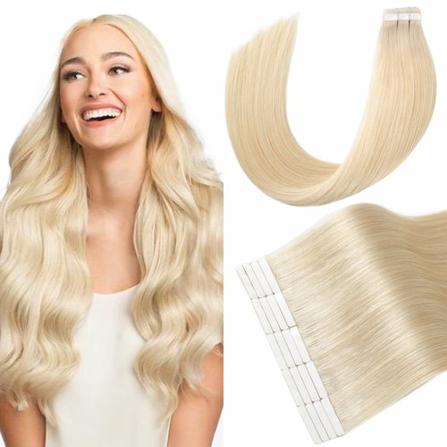 Hyssiet Tape In Hair Extensions Real Human Hair Silky Straight Invisible 22 Inch Platinum Blonde 20Pcs 50G Tape Cabello Humano Extensiones