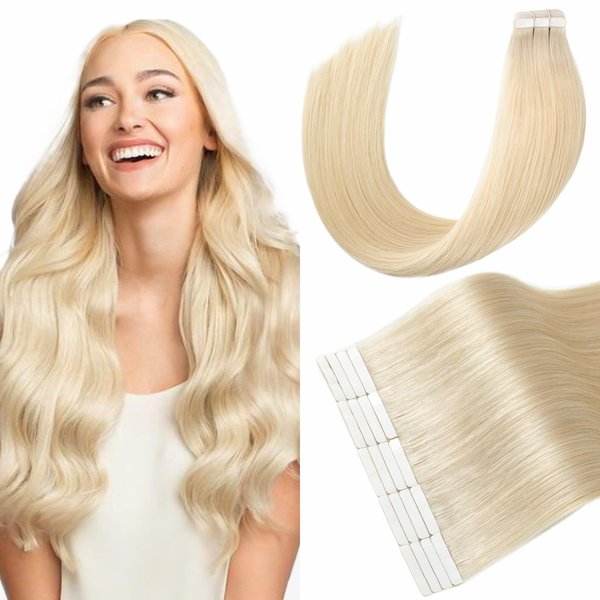 Hyssiet Tape In Hair Extensions Real Human Hair Silky Straight Invisible 22 Inch Platinum Blonde 20Pcs 50G Tape Cabello Humano Extensiones