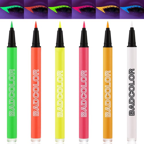 BADCOLOR 6 Colors UV Liquid Eyeliner Set, Pigmented Neon Colored Makeup Eyeliners Pen, Colorful Waterproof Smudge-proof Graphic Eye Liners Kit for Music Festival Concert Rave Party