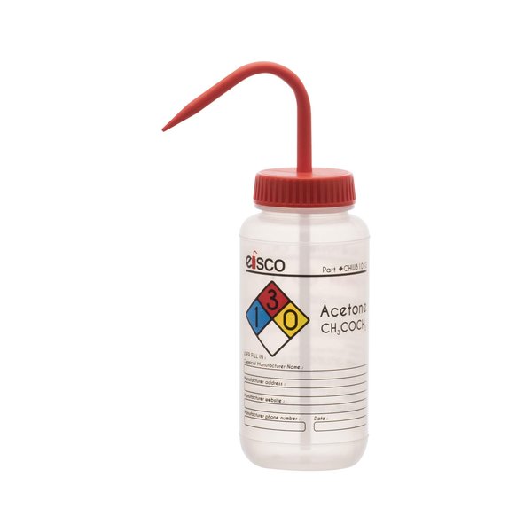 EISCO Wash Bottle for Acetone, 500ml - Labeled with Color Coded Chemical & Safety Information (4 Colors) - Wide Mouth, Self Venting, Low Density Polyethylene Labs