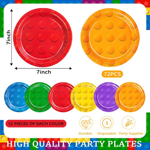 WNINK 72Pcs 6 Color Building Block Party Paper Plates for Building Bricks Themed Party Supplies 7" Colorful Building Block Birthday Party Disposable Plates for Birthday Baby Shower Party Decorations