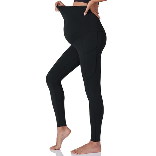 POSHDIVAH Women's Maternity Workout Leggings Over The Belly Pregnancy Yoga Pants with Pockets Soft Active Wear Work Pants Black Medium