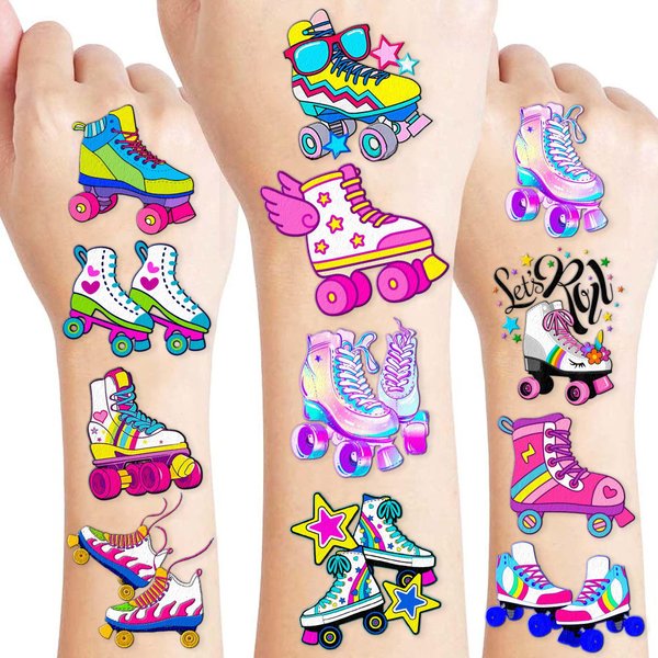 8 Sheets (96PCS) Roller Skate Temporary Tattoos 80s 90s Theme Birthday Party Decorations Supplies Favors Stickers for Kids Girls Boys Gifts Classroom School Prizes Rewards
