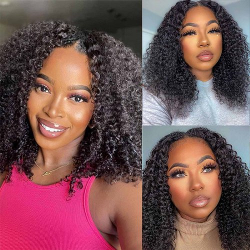 Domiso V Part Wig Human Hair Glueless Upgrade U Part Human Hair Wig 180% Density Kinky Curly Wigs for Women No Leave Out No Glue Beginner Friendly 9A Brazilian Virgin Hair Natural Color 20 Inch