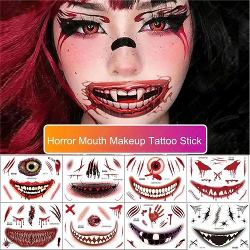 AUOCATTAIL Temporary Face Tattoos Halloween Makeup Kit Horror Zombie Face Stickers Scary Tattoos for Party Costumes Women Girl 9 Sheets