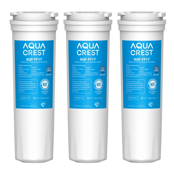 AQUA CREST 836848 Refrigerator Water Filter, Replacement for Fisher & Paykel 862285, 836860, 862284, PS2067635, EFF-6017A, E522, E402, E442, Pack of 3 (Package may vary)