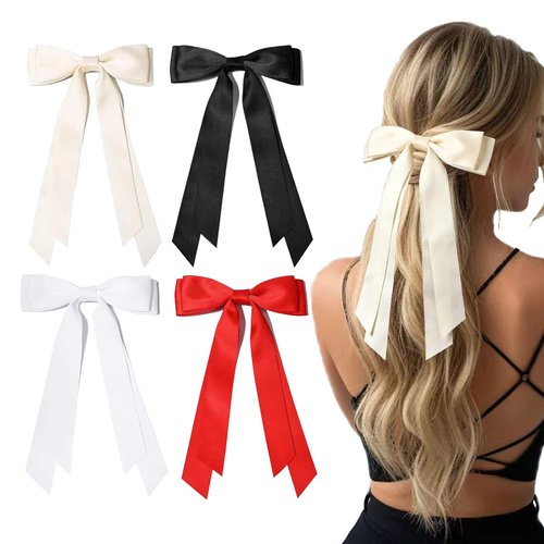 4 Pcs Big Hair Bows for Women,Long Hair Bows,Satin Bow Hair Barrette,Hair Bow Ribbon,Long Bows for Girls,Hair Tie Bows Women,Silk Bow,Hair Bows for Adults,White Bow for Hair,Big Bows for Hair