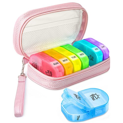 AMOOS Cute Pill Organizer 2 Times a Day, PU Leather Pill Case for Women, Portable Weekly Pill Box for Purse with Storage Bag to Hold Vitamins/Medications/Fish Oils/Supplements, Pink