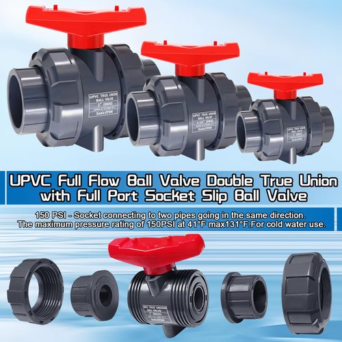 1 1/2" UPVC Full Flow Ball Valve Double True Union Ball Valve with Full Port Socket Slip Water Shut-Off Valve, EPDM o-Rings, And Reversible PTFE Seats for Swimming Pool, Irrigation(1, 1 1/2")