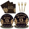 EMrups 96PCS 13th Birthday Party Plates Set Black and Gold Theme Decorations Include Black Gold Plates and Napkins Forks for 13 Year Old Boys Girls Birthday Party Supplies Serves 24 Guests