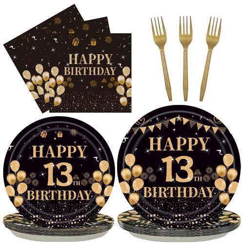 EMrups 96PCS 13th Birthday Party Plates Set Black and Gold Theme Decorations Include Black Gold Plates and Napkins Forks for 13 Year Old Boys Girls Birthday Party Supplies Serves 24 Guests