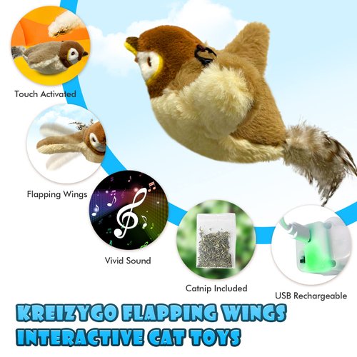KreizyGo Cat Toys, Flapping Wings Sparrow Catnip Toys, Vivid Chirping, Simulation Bird Interactive Cat Toy for Kitten Kitty Exercise, Fluffy Plush Dog Toys, Touch Activated, Rechargeable