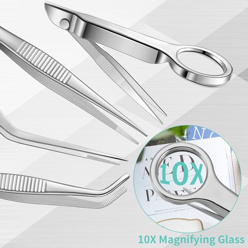 8 Pieces Tweezers Sets Stainless Steel Tweezers Forceps with Magnifying Glass Straight Fine Point Forceps Curved Round Flat Tip Tweezers 9 Holes Straight Curved Tip Tweezers for Beauty Lab Craft Tool