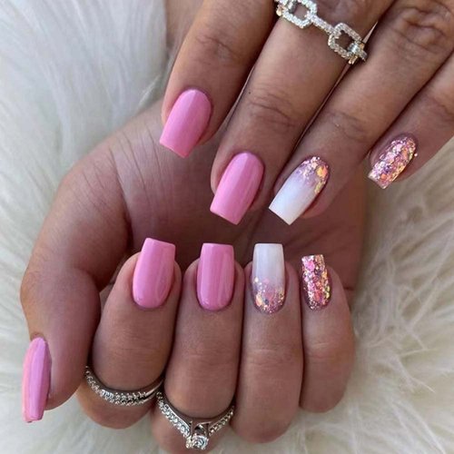 ANDGING Bright Pink Medium Press on Nails Coffin, Fake Nails for Women with Ombre Bling Sequins Design, Square Full Cover Nails Press on, Reusable Stick on Nails for Christmas Glue on nails 24Pc