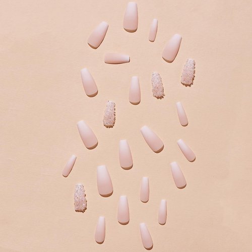 Medium Press on Nails Coffin Fake Nails Rhinestone with Matte Gradient Design Pink Acrylic False Nails Full Cover Artificial Glue on Nails Stick on Nails for Women and Girls Nail Decoration 24Pcs