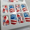 24Pcs Medium Long Press On Nails Independence Day Fake Nails with Blue Red Five-Pointed Star Designs American Flag Acrylic Nail Glossy Artificial Nails 4th July False Nails Holiday Manicure Decoration