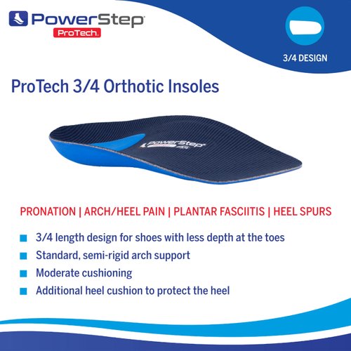 Powerstep ProTech 3/4 Orthotic Insoles - Arch Support & Plantar Fasciitis Inserts for Narrow Shoes - Medical Grade Orthotics for Arch + Heel Pain Relief for Men & Women (M 9-9.5 W 11-11.5)