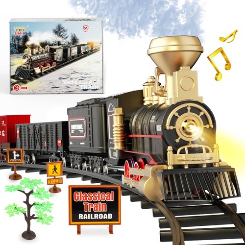 UNIH Train Set,Electric Train Toys with Steam Locomotive Engine,Cargo Car and Long Track, Model Train Set with Smokes,Lights & Sound, Toy Train Birthday Xmas Prezzie for 3+ Year Old Kids Boys Girls