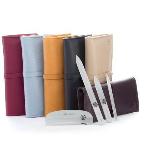 GERMANIKURE Crystal Glass Nail File Set in Magenta Leather Case – Handmade in Czech Republic – Professional Manicure & Pedicure Supplies – Glass Cuticle Stick, Pusher, Moon File