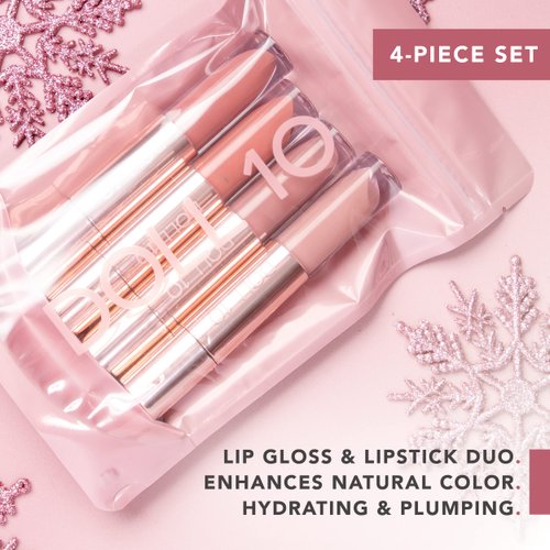 Doll 10 Midnight Kisses 4 Piece Lip Collection - Hydrating Pluming Lipstick & Lip Gloss Duo Set