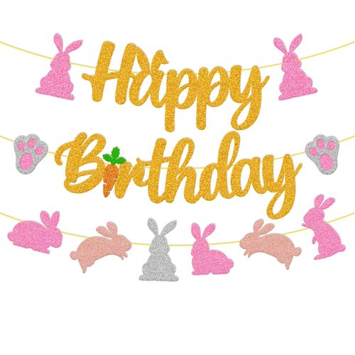Bunny Birthday Banner Rabbit Bday Party Decorations Bunny Paw Ears Carrot Easter's Day Theme for Kids Boy Girl Baby Shower Party Supplies (Gold)