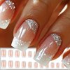 White French Tips Press on Nails 24Pcs Glossy Silver Glitter Acrylic Fake Nails Sparkly False Nails Gel Glue on Nails for Manicure Glitter Stick on Medium Square Nails for Coquette Women Girls