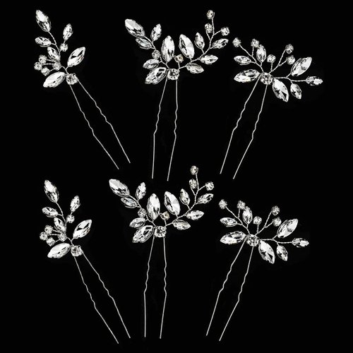 6 Pcs Silver Leaf Bride Hair Pins Crystal Rhinestone Hairpins Bridesmaids Bridal Hair Pieces Wedding Hair Clips Party Hair Accessories for Women and Girls
