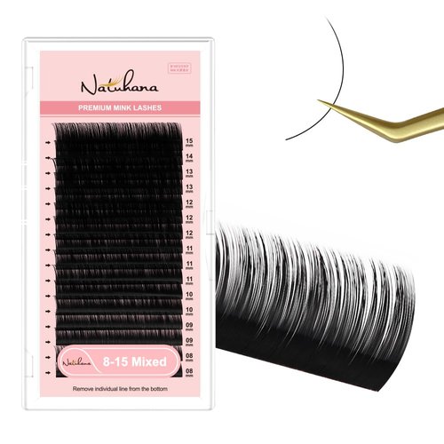 NATUHANA Round Eyelash Extensions 0.05mm J Curl Russian Single Lash 8-15mm Mixed Tray Professional Lash Supplies,Classic Individual Lash Extensions 16Rows/Case Matte Black (black;0.05 J, 8-15 MIX)