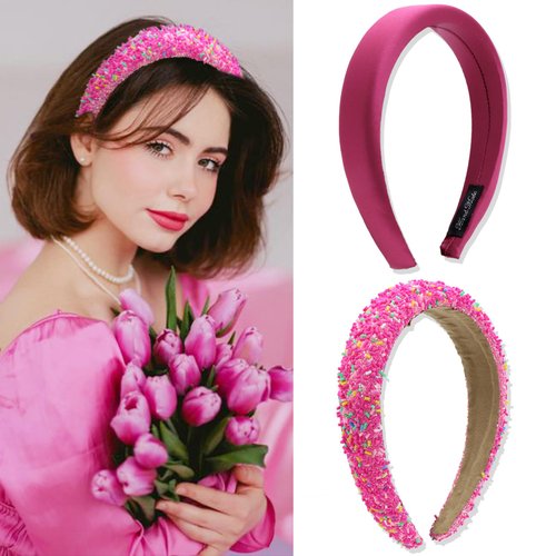 FULZTEY Padded Headband for Women Girls Hot Pink Puffy Head Bands Hoop No Teeth Thick Wide Hairband Colorful Bling Sparkle Headband Solid Silk Hair Band for Women's Hair Accessories Gifts 2 Pcs
