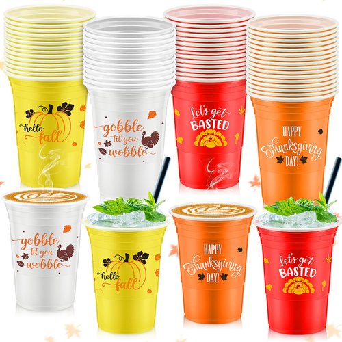 Uiifan 100 Pcs Disposable Thanksgiving Party Plastic Cups, 16 oz Thanksgiving Fall Let's Get Basted Stadium Decorations Cups Hot Cold Drinks for Autumn Pumpkin Maple Leaves Party Supplies 4 Colors