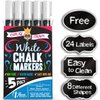 CHALKY CROWN Liquid Chalk Marker Pen - White Drawing Chalk - Chalkboard Markers for Chalkboard Signs, Windows, Blackboard, Glass - 6mm Reversible Tip (5 Pack) - 24 Chalkboard Labels Included