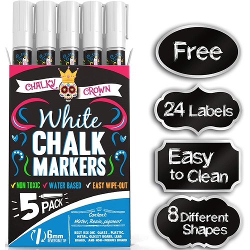 CHALKY CROWN Liquid Chalk Marker Pen - White Drawing Chalk - Chalkboard Markers for Chalkboard Signs, Windows, Blackboard, Glass - 6mm Reversible Tip (5 Pack) - 24 Chalkboard Labels Included