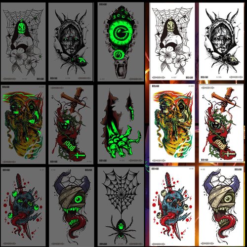 Tazimi Halloween Luminous Black Temporary Tattoos For Men&Women - 12 Sheets Glow Skull Pumpkin Lantern Spider Web Shoulder Half Arm Tattoos Stickers for Adult Halloween Cosplay