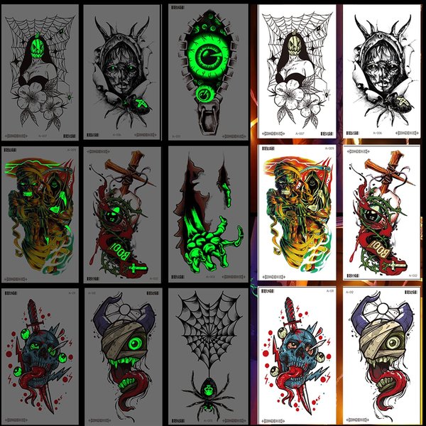 Tazimi Halloween Luminous Black Temporary Tattoos For Men&Women - 12 Sheets Glow Skull Pumpkin Lantern Spider Web Shoulder Half Arm Tattoos Stickers for Adult Halloween Cosplay