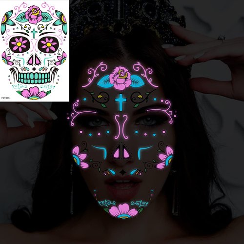 Halloween Party Tattoo Stickers Funny Face Neon Fake Tattoo Luminous Festival Accessories Decor DIY Self Adhesive Rose Scar Masquerade Temporary Tattoo Stickers for Women and Girls 4PCS