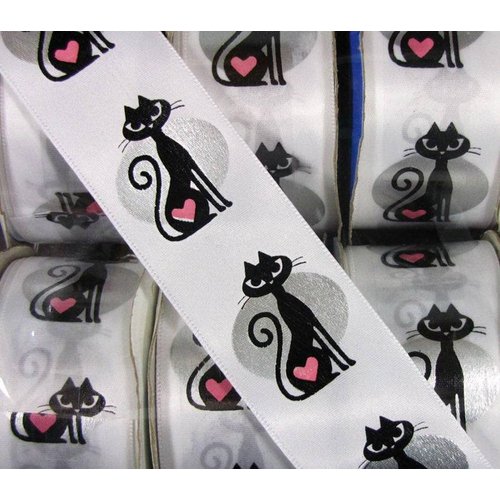 3 Yards Sassy Kitty Cat Pet Black Pink Silver Satin Ribbon 1 1/2''W
