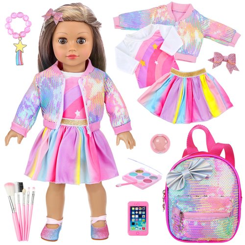 UNICORN ELEMENT American 18 Inch Doll Clothes and Accessories Makeup Playset Include 18 Inch Doll Clothes, Skirt, Backpack, Bracelet, Hair Clip, Phone and Makeup Sets（No Doll and Shoes）