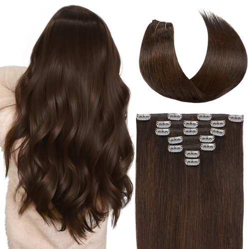 Befana Clip in Hair Extensions Real Human Hair,16 Inch 70g 7 Pcs #2 Dark Brown Clip in Human Hair Extensions,Natural Straight Double Weft Clip ins