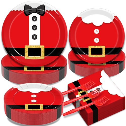 Kepeel 200Pcs Santa Claus Christmas Party Plates and Napkins Sets, Santa Claus Suit Party Supplies Decorations Winter Holiday Xmas Party Dinnerware for Kids Birthday Baby Shower Home Decor, Serves 50